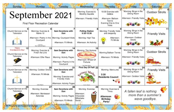 Tabor Manor Calendar - Sep 2021 | Radiant Care